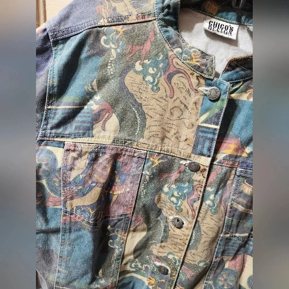 Chico's Design Vintage Japanese Art Print Button Up Denim Jacket - Picture 7 of 10